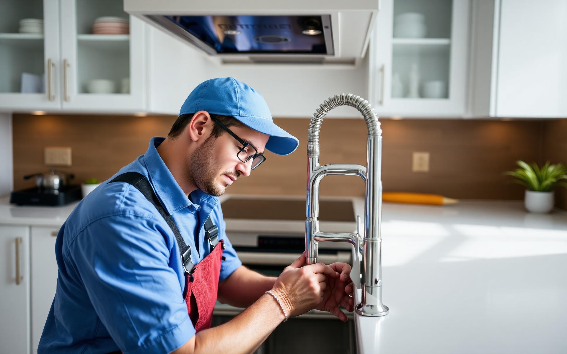 Wasatch Copper Plumbing technician servicing a modern kitchen
